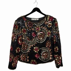 Vintage Scala Blouse Top 100% Silk & Allover Sequins Embellished Sz Medium (P)